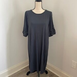 LOFT Gray Eyelet Puff Sleeve Dress Large Jersey Knit Midi Relaxed Fit Everyday